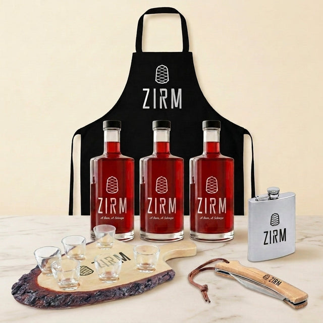 ZIRM Geschenkset Hawedere mit Schürze, Schnapsbrett, Flachmann und drei Flaschen