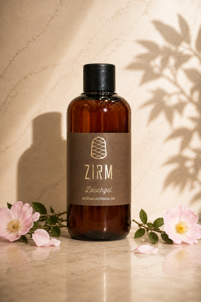 ZIRM Duschgel Flasche mit Etikett, Nahaufnahme